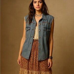 At Last Denim Sleeveless Button Front Vest in Light Blue